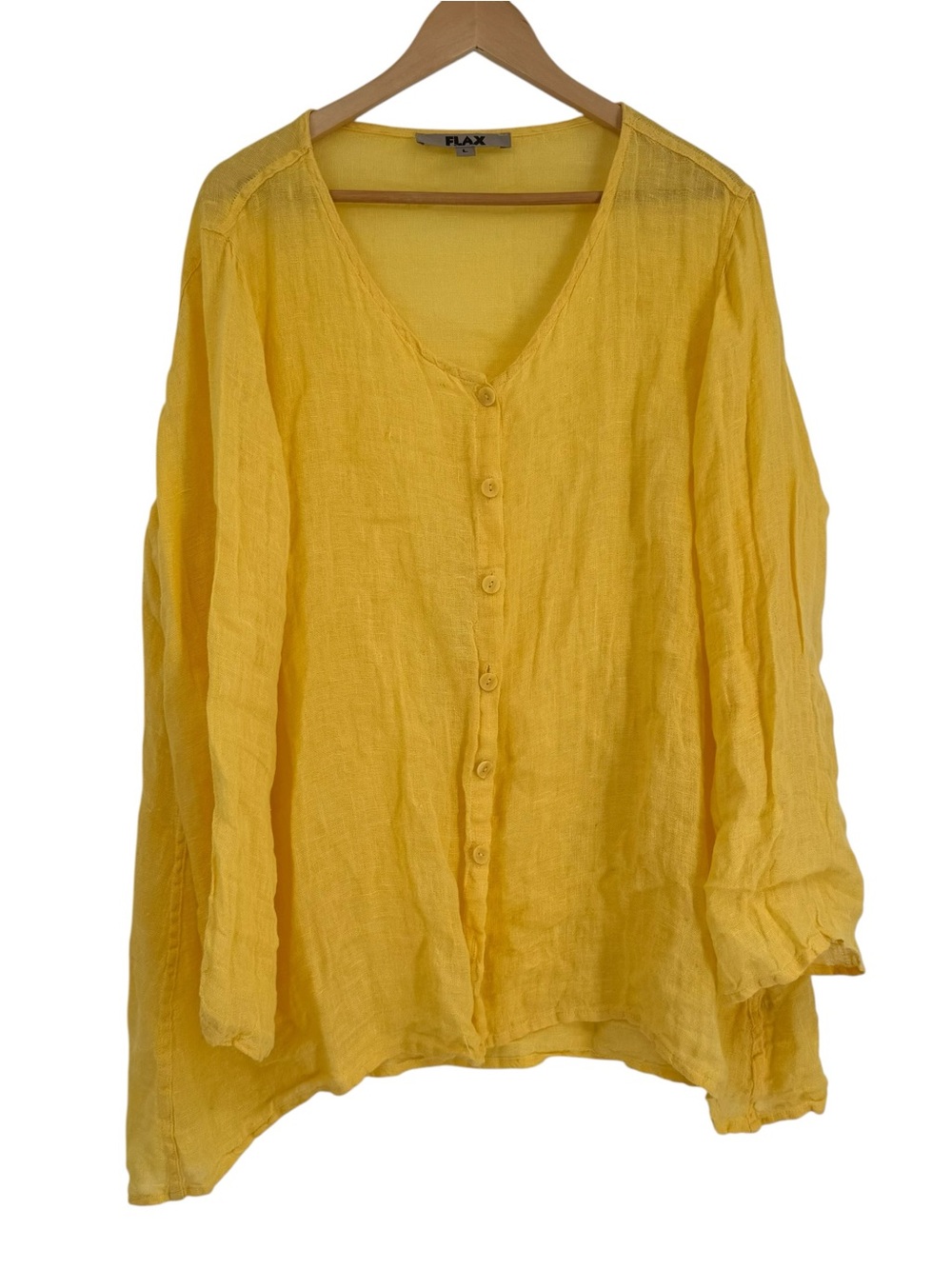 Flax Tunic Top Women Size Large Yellow Linen Button Up Boxy Minimalist V-neck